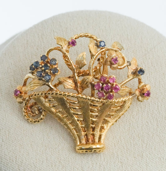 Lovely 18K Vintage Basket Brooch / Pendant with Sapphires and Rubies. - Premium Brooch from All The Best Vintage - Just $1195! Shop now at All The Best Vintage